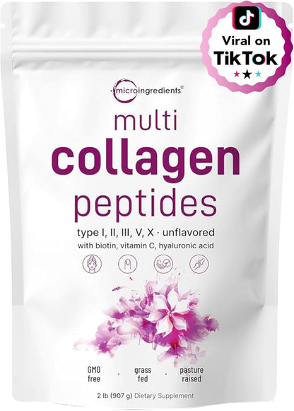 Micro Ingredients - Polvo de proteína de colágeno múltiple, 2 libras, tipo I, II, III, V, X con biotina, ácido hialurónico y vitamina C.