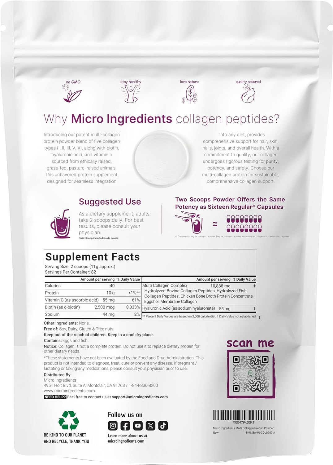 Micro Ingredients - Polvo de proteína de colágeno múltiple, 2 libras, tipo I, II, III, V, X con biotina, ácido hialurónico y vitamina C.